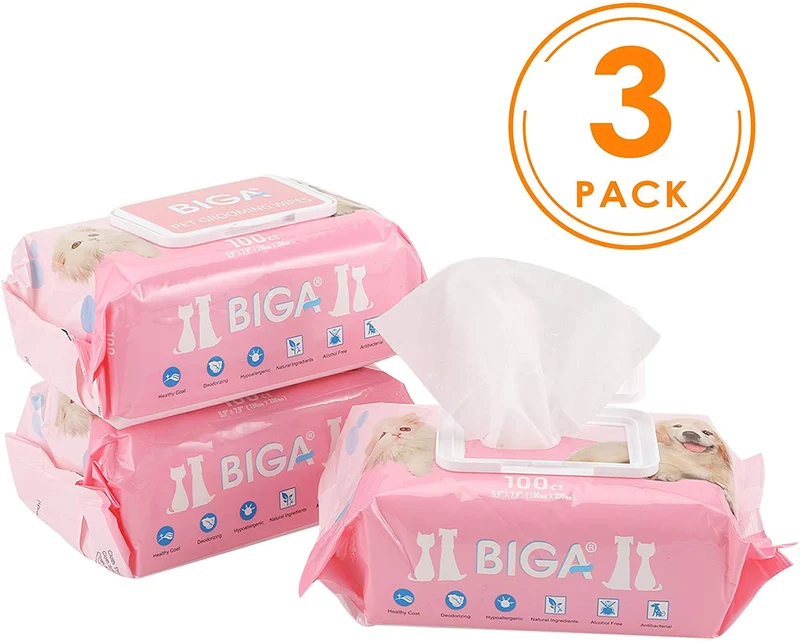Toallitas desodorizantes hipoalergénicas para mascotas con fragancia, orgánicas naturales y antibacterianas para la limpieza de los ojos de la cara, las orejas, las patas de los dientes, 100 unidades por paquete