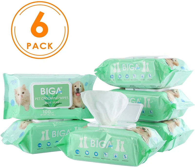 Toallitas desodorizantes hipoalergénicas para mascotas con fragancia, orgánicas naturales y antibacterianas para la limpieza de los ojos de la cara, las orejas, las patas de los dientes, 100 unidades por paquete