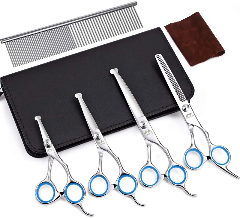 iSeaFly Kit de aseo para perros, punta redonda de seguridad, acero inoxidable resistente, 5 en 1, juego de tijeras de aseo para perros y gatos, mejores tijeras para aseo de mascotas para cuerpo completo