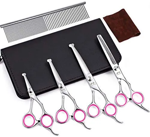 iSeaFly Kit de aseo para perros, punta redonda de seguridad, acero inoxidable resistente, 5 en 1, juego de tijeras de aseo para perros y gatos, mejores tijeras para aseo de mascotas para cuerpo completo