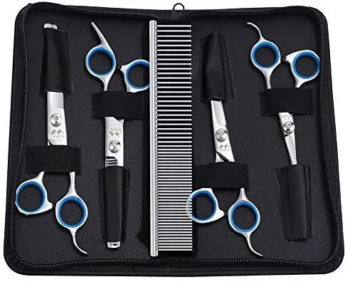 iSeaFly Kit de aseo para perros, punta redonda de seguridad, acero inoxidable resistente, 5 en 1, juego de tijeras de aseo para perros y gatos, mejores tijeras para aseo de mascotas para cuerpo completo