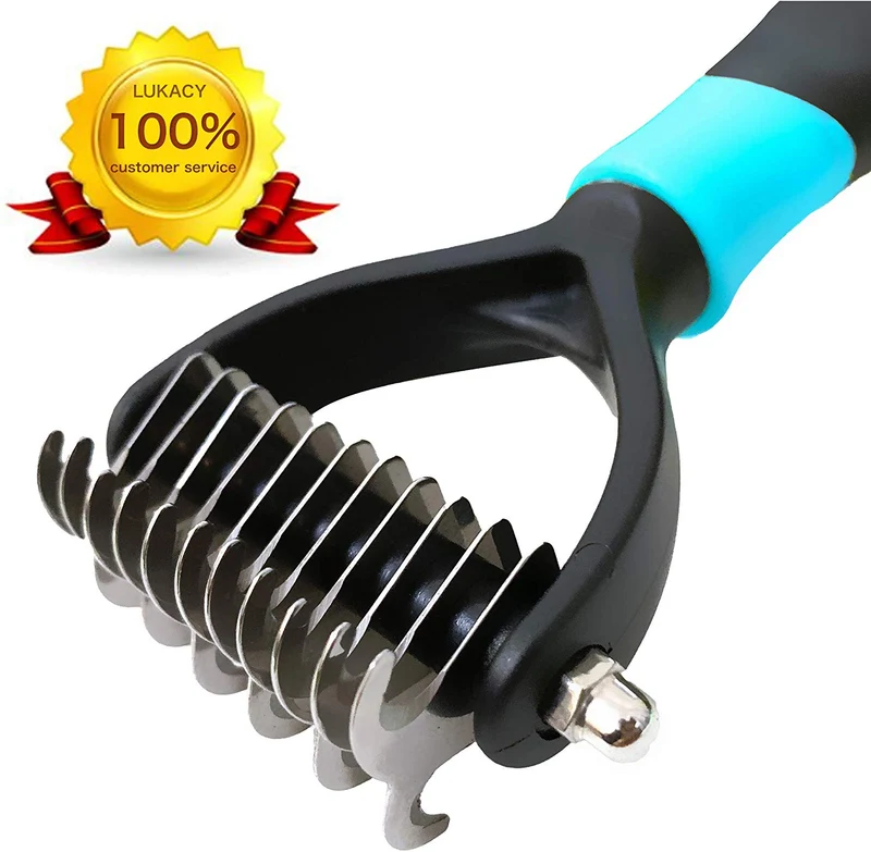 LUKACY Peine desengrasante, cepillo desengrasante para remover pelaje de perro, herramienta para rastrillo para gatos, pequeños caniches de pelo largo, gran cobertura, herramientas de aseo para mascotas en V de 2 lados