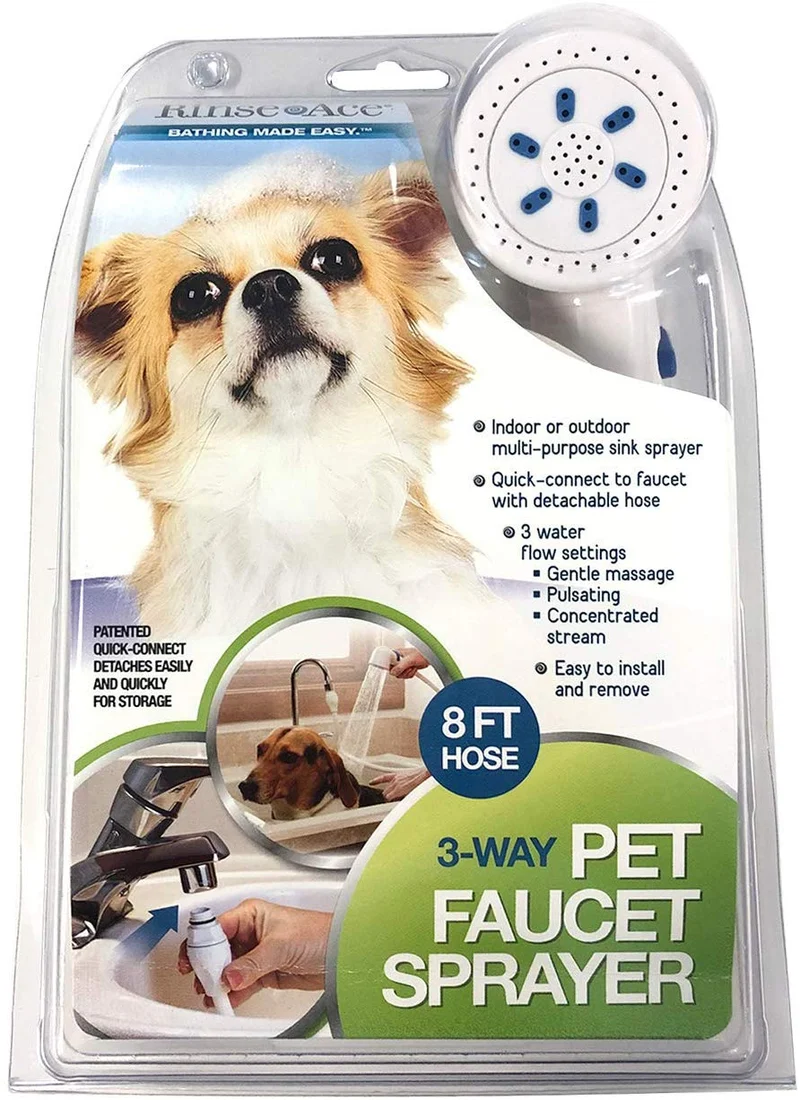 Rinse Ace - Pulverizador de grifo para mascotas de 3 vías con manguera de 8 pies