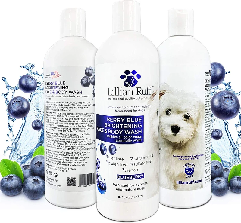 Lillian Ruff Berry Blue - Champú de arándanos para perros y gatos, elimina las manchas de rasgadura, hidrata la piel seca picazón, añade brillo y brillo a los abrigos, fabricado en Estados Unidos
