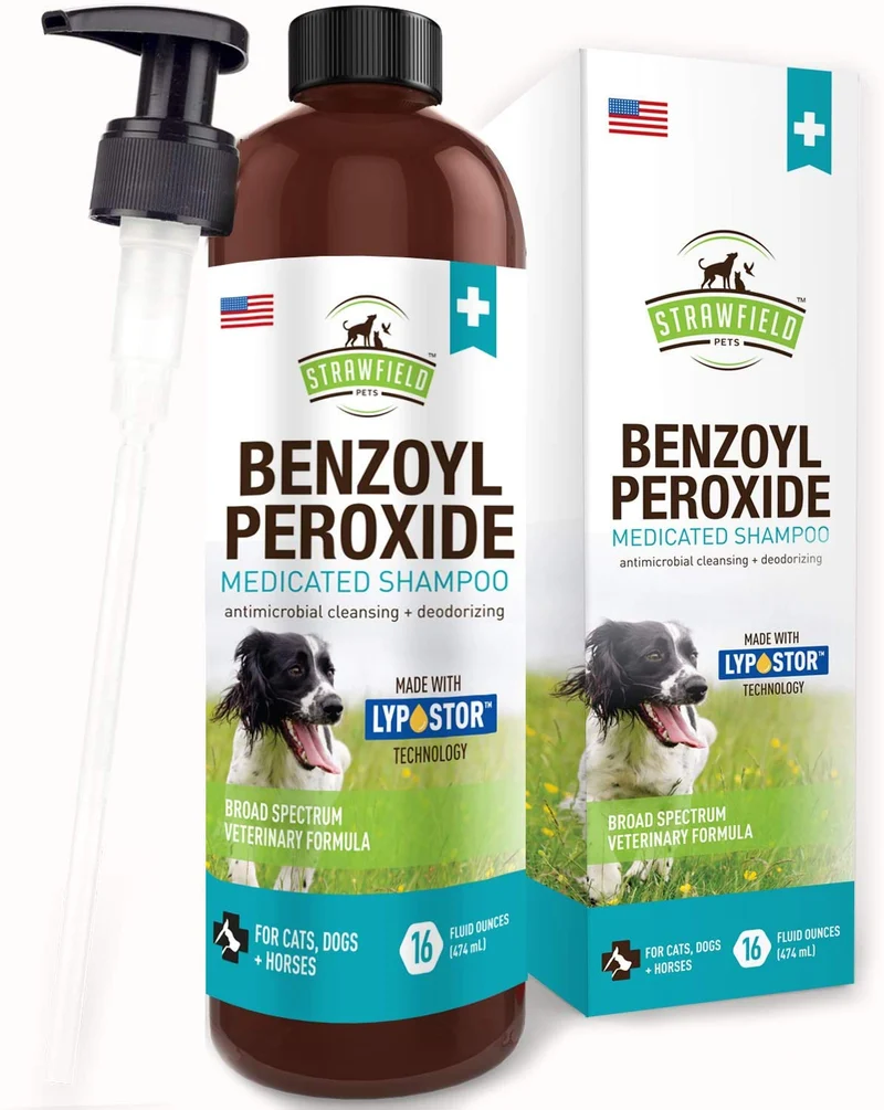 Benzoyl Peroxide Champú para Perros, Gatos, Sulfur - 16 oz - Champú Medicado para Perros Smelly, Anti Itch Dry Skin Allergy Treatment, Folliculitis, Seborrea, Dermatitis, Caspa, Infección, Mange