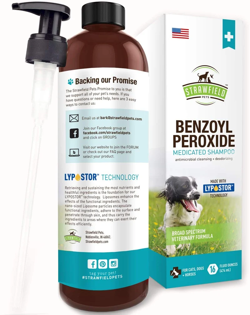 Benzoyl Peroxide Champú para Perros, Gatos, Sulfur - 16 oz - Champú Medicado para Perros Smelly, Anti Itch Dry Skin Allergy Treatment, Folliculitis, Seborrea, Dermatitis, Caspa, Infección, Mange