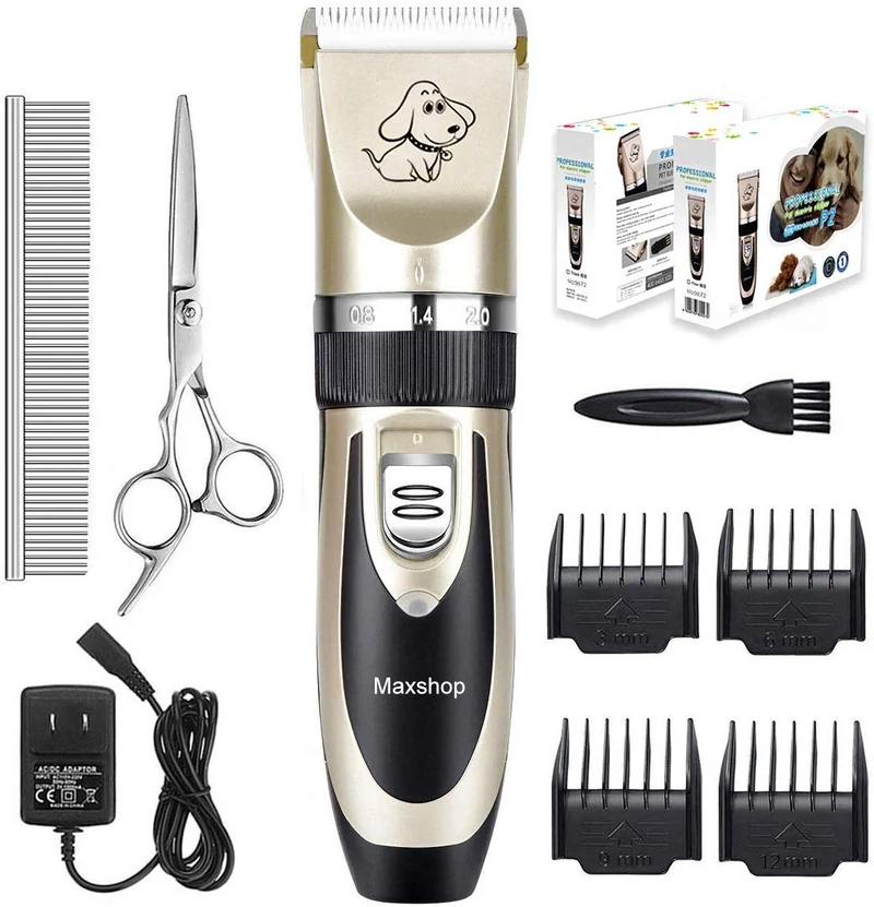Maxshop Kit de corte de pelo para perros y gatos. Clippers eléctrico de bajo ruido recargable inalámbricos (Oro + Negro)