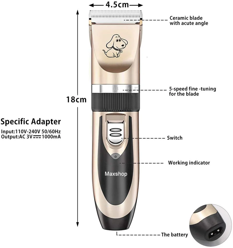 Maxshop Kit de corte de pelo para perros y gatos. Clippers eléctrico de bajo ruido recargable inalámbricos (Oro + Negro)