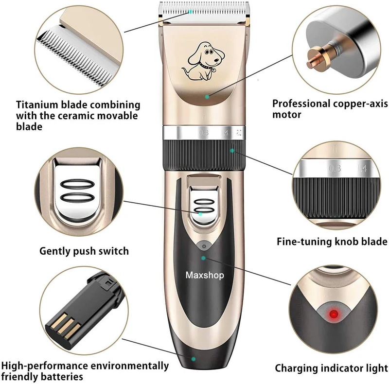 Maxshop Kit de corte de pelo para perros y gatos. Clippers eléctrico de bajo ruido recargable inalámbricos (Oro + Negro)