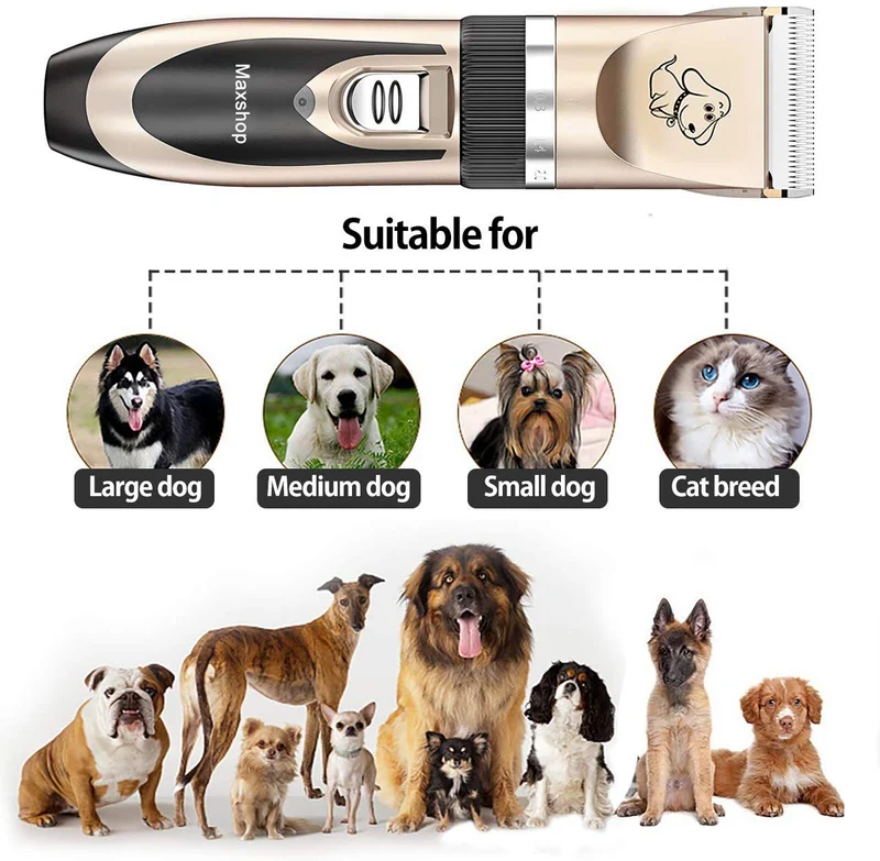 Maxshop Kit de corte de pelo para perros y gatos. Clippers eléctrico de bajo ruido recargable inalámbricos (Oro + Negro)