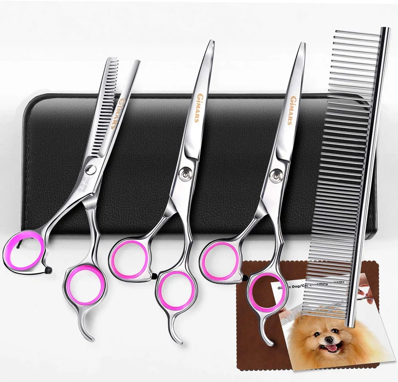 Tijeras de peluquería para perros, Gimars Heavy Duty Titanium recubierto de acero inoxidable Pet Grooming Trimmer Kit – perfecto Thinning, recto, curvado Tijeras con peine para pelo largo y corto, pelo para gato y más mascotas, Estándar