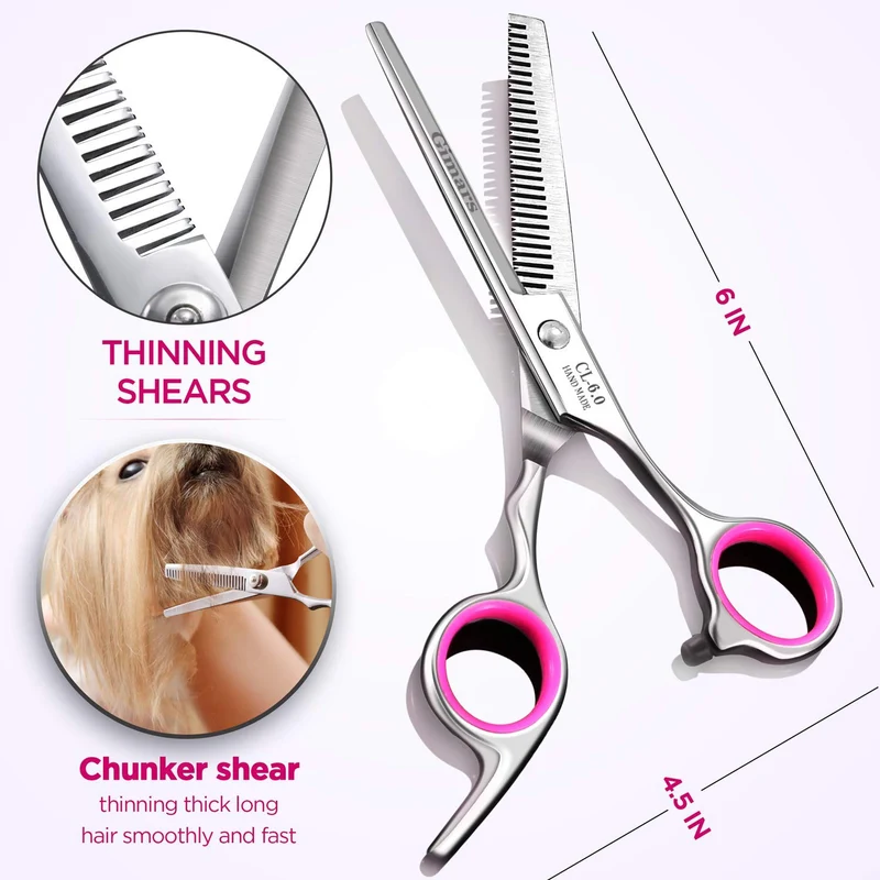 Tijeras de peluquería para perros, Gimars Heavy Duty Titanium recubierto de acero inoxidable Pet Grooming Trimmer Kit – perfecto Thinning, recto, curvado Tijeras con peine para pelo largo y corto, pelo para gato y más mascotas, Estándar