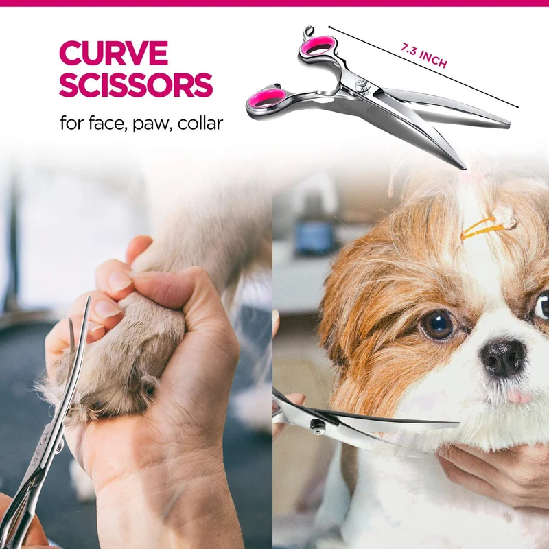 Tijeras de peluquería para perros, Gimars Heavy Duty Titanium recubierto de acero inoxidable Pet Grooming Trimmer Kit – perfecto Thinning, recto, curvado Tijeras con peine para pelo largo y corto, pelo para gato y más mascotas, Estándar