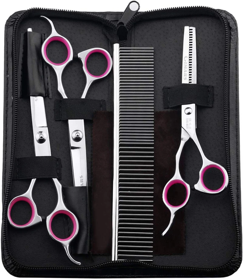 Tijeras de peluquería para perros, Gimars Heavy Duty Titanium recubierto de acero inoxidable Pet Grooming Trimmer Kit – perfecto Thinning, recto, curvado Tijeras con peine para pelo largo y corto, pelo para gato y más mascotas, Estándar