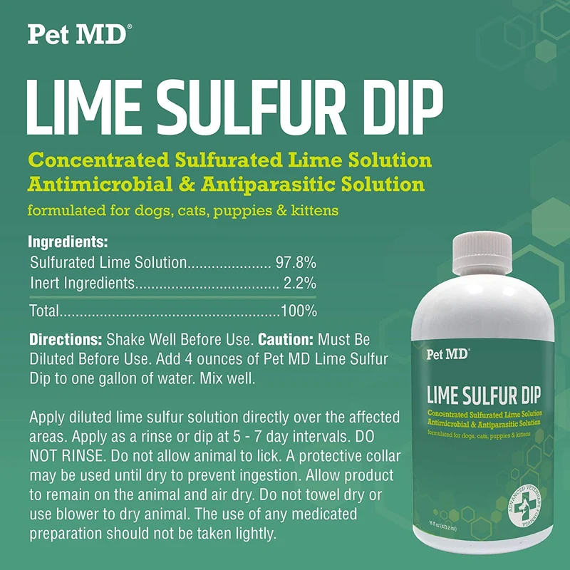 Pet MD Lime Sulfur Dip for Dogs, Cats, Horses - Mange Treatment, Ringworm, Skin Mites, Lice, Fungal and Bacterial Infections - 16 oz Shampoo