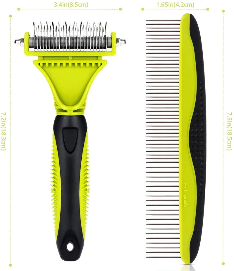 Pecute - juego de herramientas y peine desenredante. Hoja doble, peine tipo rastrillo + cepillo para acicalar. Remueve pelo de la capa inferior, nudos, marañas y pelo enredado