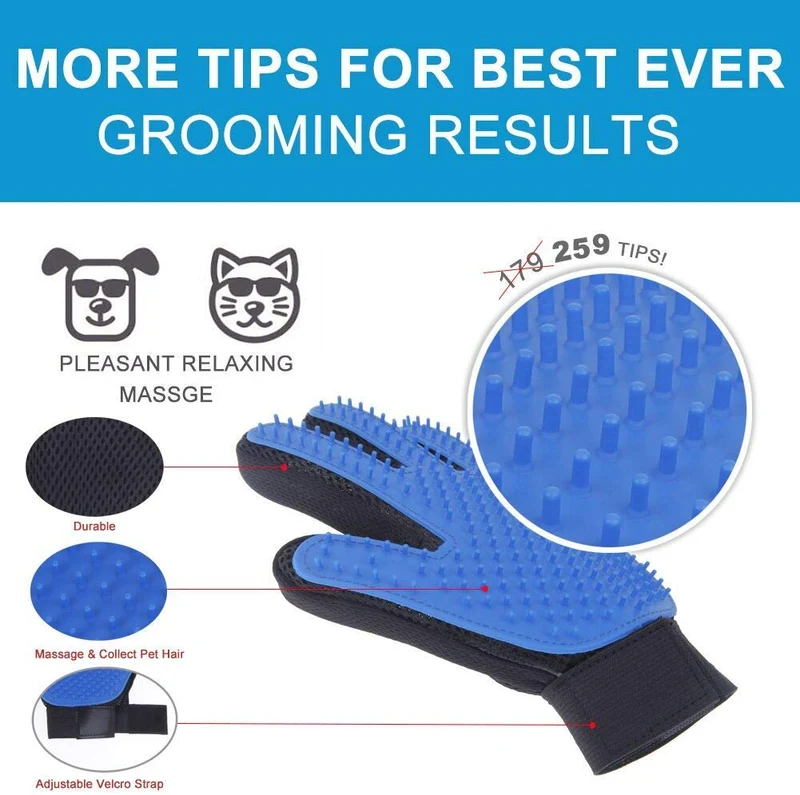AUBBC - Guantes de aseo para mascotas, 5 unidades, 259 suaves, con 1 cepillo de dientes de doble cabeza, 2 cepillos de dientes de dedo, 1 juguete de cuerda, herramienta de desenredado para gatos y perros