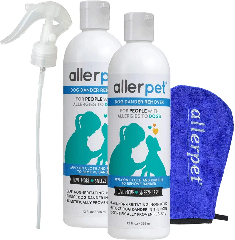 Allerpet - Eliminador de caspa para perros, botella de 12 onzas + aplicador de guante para mascotas para aplicar fácilmente la solución a tu mascota, científicamente probado para un alivio eficaz de alergias para perros, fabricado en Estados Unidos