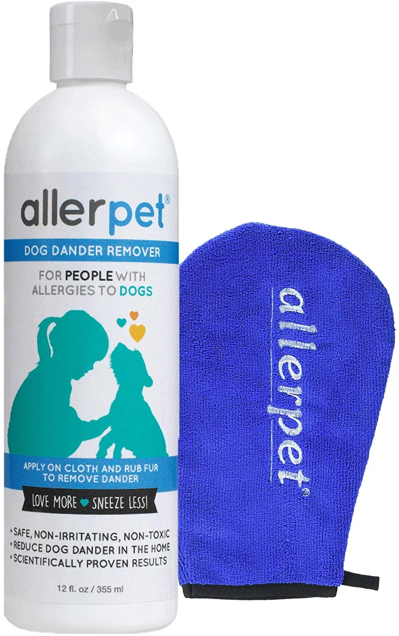Allerpet - Eliminador de caspa para perros, botella de 12 onzas + aplicador de guante para mascotas para aplicar fácilmente la solución a tu mascota, científicamente probado para un alivio eficaz de alergias para perros, fabricado en Estados Unidos