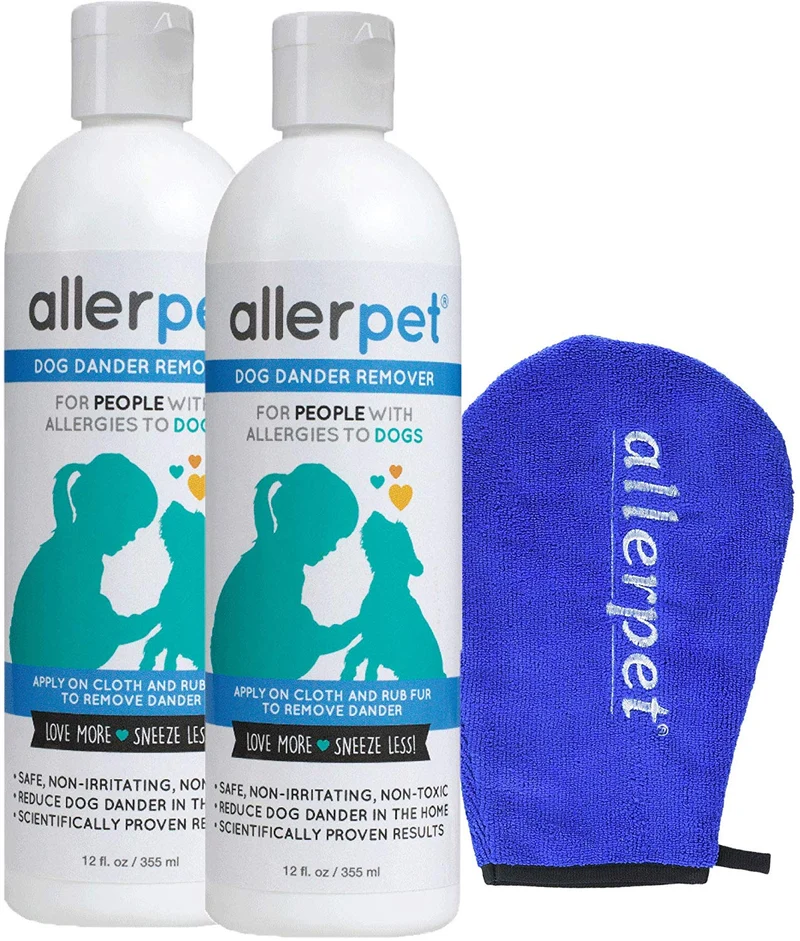 Allerpet - Eliminador de caspa para perros, botella de 12 onzas + aplicador de guante para mascotas para aplicar fácilmente la solución a tu mascota, científicamente probado para un alivio eficaz de alergias para perros, fabricado en Estados Unidos
