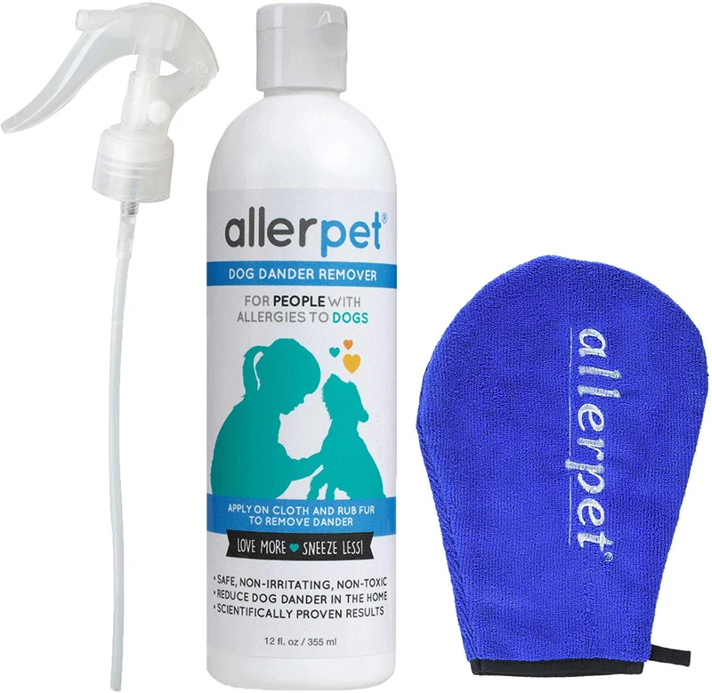 Allerpet - Eliminador de caspa para perros, botella de 12 onzas + aplicador de guante para mascotas para aplicar fácilmente la solución a tu mascota, científicamente probado para un alivio eficaz de alergias para perros, fabricado en Estados Unidos