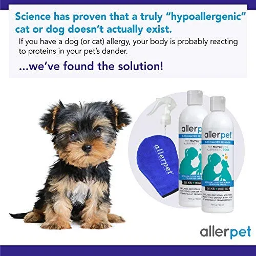 Allerpet - Eliminador de caspa para perros, botella de 12 onzas + aplicador de guante para mascotas para aplicar fácilmente la solución a tu mascota, científicamente probado para un alivio eficaz de alergias para perros, fabricado en Estados Unidos