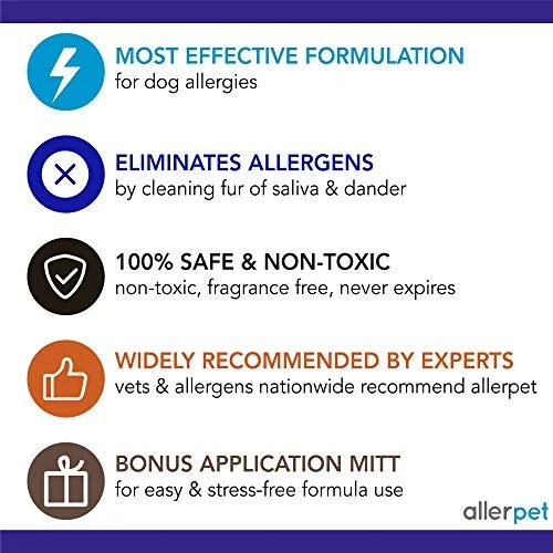 Allerpet - Eliminador de caspa para perros, botella de 12 onzas + aplicador de guante para mascotas para aplicar fácilmente la solución a tu mascota, científicamente probado para un alivio eficaz de alergias para perros, fabricado en Estados Unidos