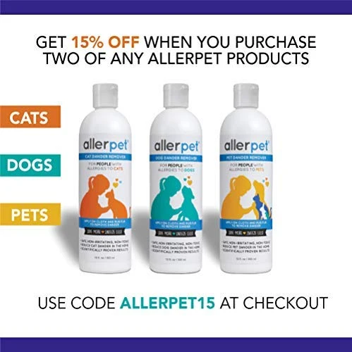 Allerpet - Eliminador de caspa para perros, botella de 12 onzas + aplicador de guante para mascotas para aplicar fácilmente la solución a tu mascota, científicamente probado para un alivio eficaz de alergias para perros, fabricado en Estados Unidos