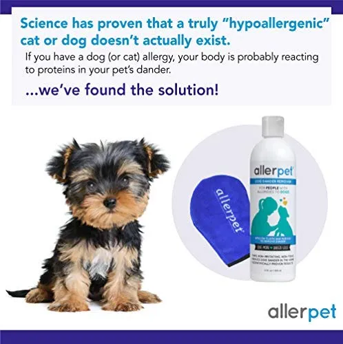 Allerpet - Eliminador de caspa para perros, botella de 12 onzas + aplicador de guante para mascotas para aplicar fácilmente la solución a tu mascota, científicamente probado para un alivio eficaz de alergias para perros, fabricado en Estados Unidos