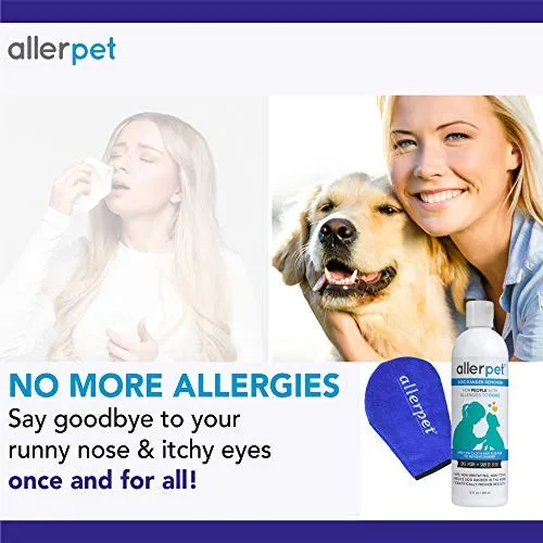 Allerpet - Eliminador de caspa para perros, botella de 12 onzas + aplicador de guante para mascotas para aplicar fácilmente la solución a tu mascota, científicamente probado para un alivio eficaz de alergias para perros, fabricado en Estados Unidos