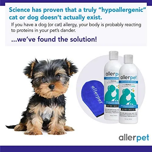 Allerpet - Eliminador de caspa para perros, botella de 12 onzas + aplicador de guante para mascotas para aplicar fácilmente la solución a tu mascota, científicamente probado para un alivio eficaz de alergias para perros, fabricado en Estados Unidos