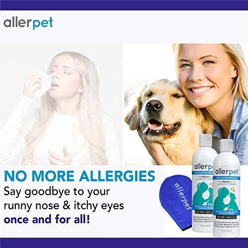 Allerpet - Eliminador de caspa para perros, botella de 12 onzas + aplicador de guante para mascotas para aplicar fácilmente la solución a tu mascota, científicamente probado para un alivio eficaz de alergias para perros, fabricado en Estados Unidos
