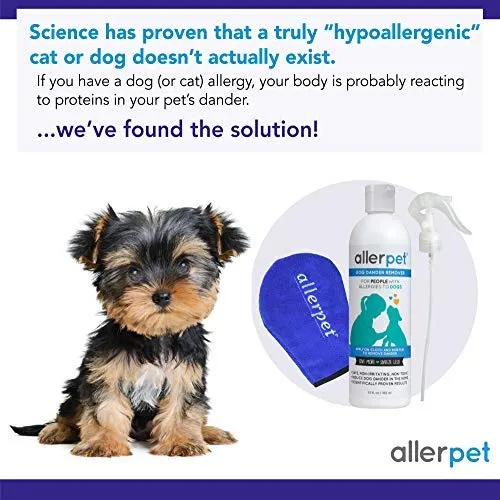 Allerpet - Eliminador de caspa para perros, botella de 12 onzas + aplicador de guante para mascotas para aplicar fácilmente la solución a tu mascota, científicamente probado para un alivio eficaz de alergias para perros, fabricado en Estados Unidos