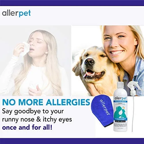 Allerpet - Eliminador de caspa para perros, botella de 12 onzas + aplicador de guante para mascotas para aplicar fácilmente la solución a tu mascota, científicamente probado para un alivio eficaz de alergias para perros, fabricado en Estados Unidos