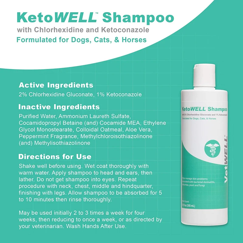 Champú Ketoconazole de clorhexidina para perros y gatos – Champú antifúngico y antiséptico medicado para el tratamiento de gusanos de anillo, infecciones de la levadura, acné, nariz y puntos calientes, avena y aloe aroma de menta de 304 ml