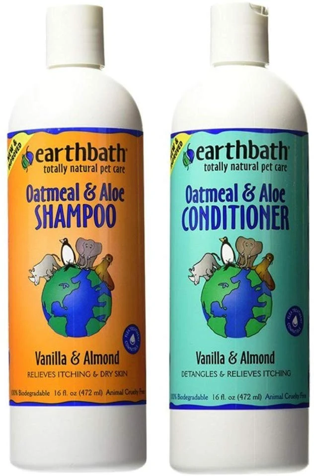Earthbath - Paquete de aseo de vainilla y almendras para perros y gatos, (1) cada uno: champú y acondicionador de avena y aloe, 16 onzas