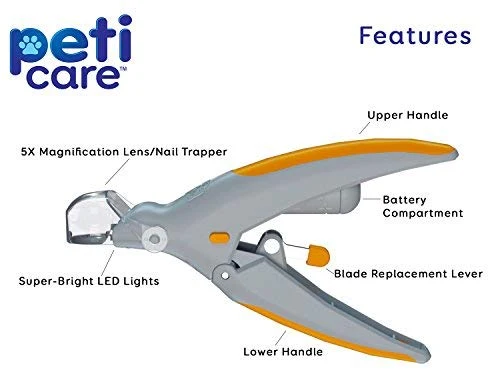 Allstar Innovations PetiCare cortaúñas con luz LED para mascotas, ideal para recortar uñas y garras de gatos y perros, 5 aumentos que se duplican como un atrapaúñas, clip rápido, cuchillas de robar
