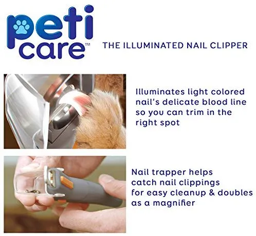 Allstar Innovations PetiCare cortaúñas con luz LED para mascotas, ideal para recortar uñas y garras de gatos y perros, 5 aumentos que se duplican como un atrapaúñas, clip rápido, cuchillas de robar
