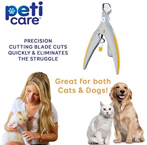 Allstar Innovations PetiCare cortaúñas con luz LED para mascotas, ideal para recortar uñas y garras de gatos y perros, 5 aumentos que se duplican como un atrapaúñas, clip rápido, cuchillas de robar