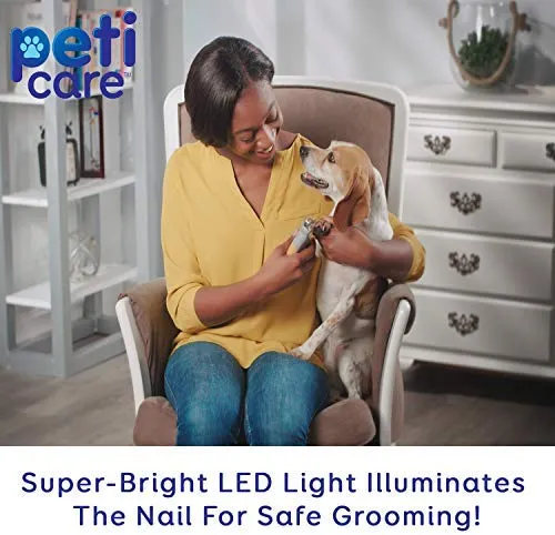 Allstar Innovations PetiCare cortaúñas con luz LED para mascotas, ideal para recortar uñas y garras de gatos y perros, 5 aumentos que se duplican como un atrapaúñas, clip rápido, cuchillas de robar