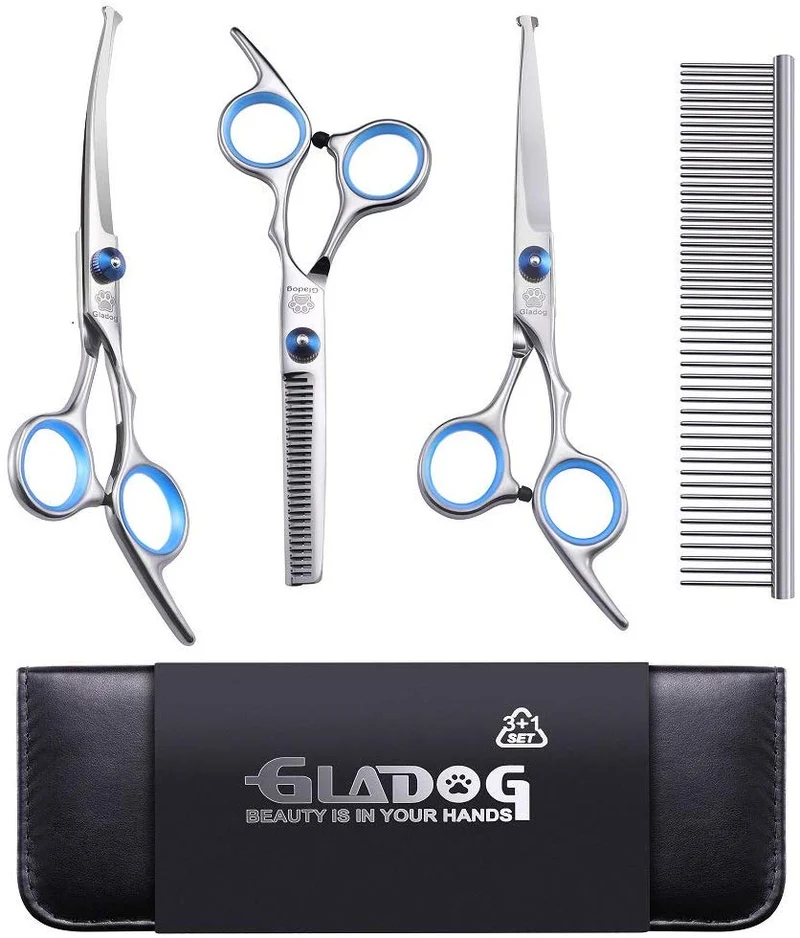 GLADOG - Tijeras de aseo profesional para perros con puntas redondas de seguridad, 4 en 1, juego de tijeras de aseo para perros y gatos
