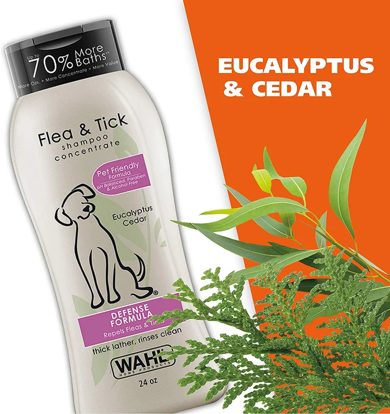 Wahl Champú repelente de pulgas y garrapatas para mascotas – Fórmula de defensa con cedro de eucalipto y romero – 24 oz