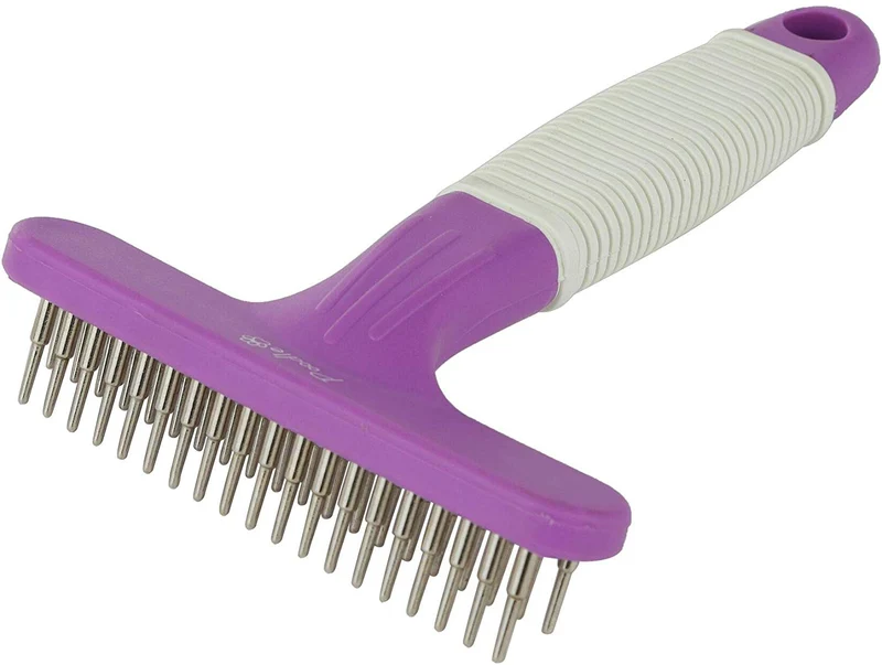 Rastrillo de aseo para perros caniche | Herramienta de degustación con peine de acero inoxidable para mascotas | 2 filas de alfileres quitan suavemente el pelo suelto o enrrollado de la capa inferior | Mango morado