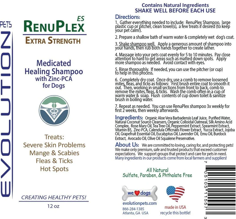 Champú para perros tratados por sarna. Champú antihongos RenuPlex, extra fuerte para perros. Elimina sarna, ácaros y costras. Champú antihongos, All Natural para perro. .