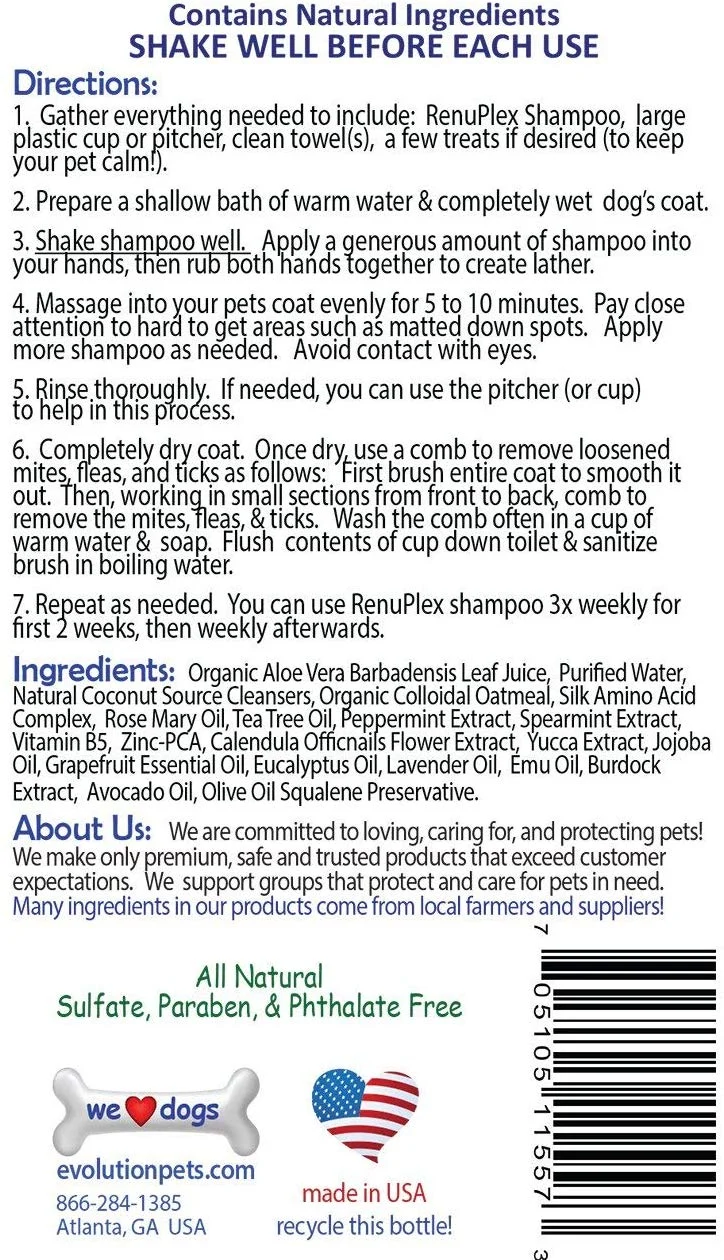 Champú para perros tratados por sarna. Champú antihongos RenuPlex, extra fuerte para perros. Elimina sarna, ácaros y costras. Champú antihongos, All Natural para perro. .