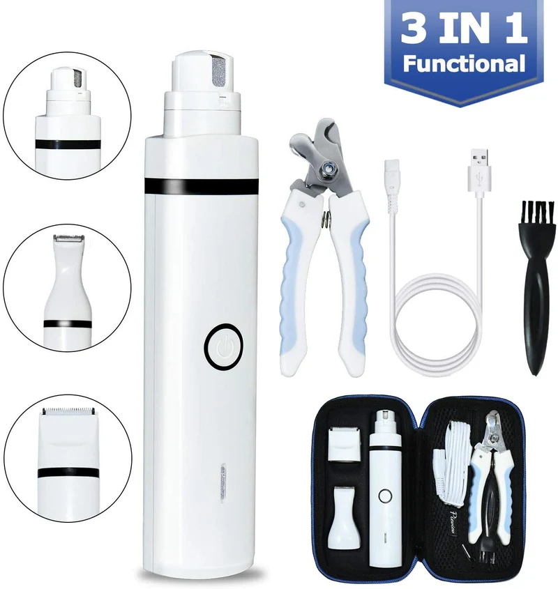 Pieviev Molinillo de uñas eléctrico para perros, 2 velocidades, cortaúñas para perros y gatos, 3 en 1, multifunción, portátil y recargable, suave y sin dolor para las patas para el cuidado de las uñas