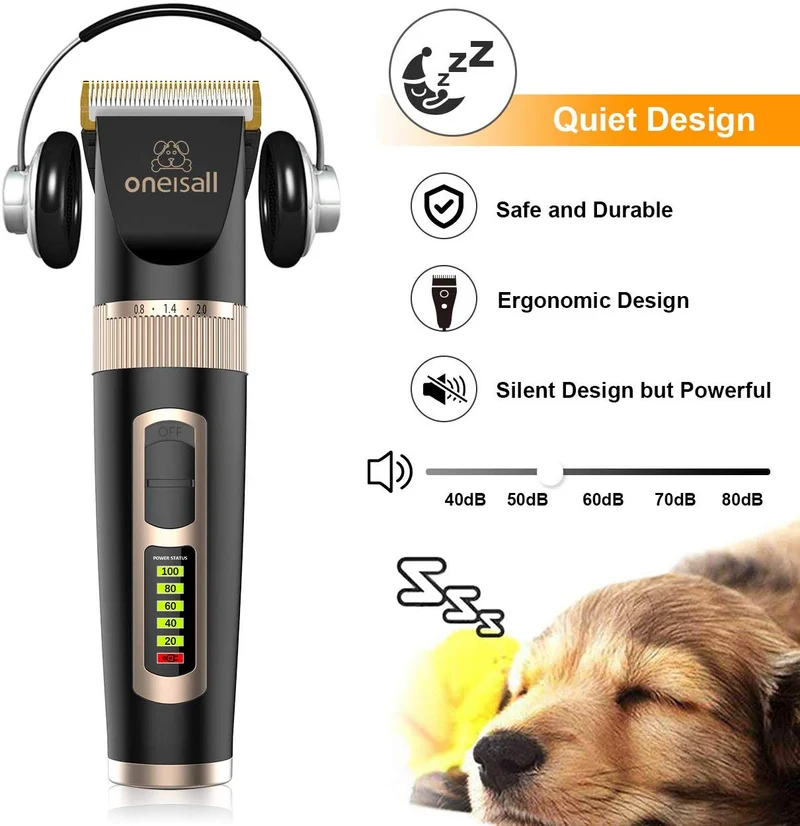 oneisall Cortapelos para perros profesionales, 2 velocidades, silencioso, recargable, inalámbrico, para aseo de mascotas, para perros pequeños y grandes, gatos, color negro