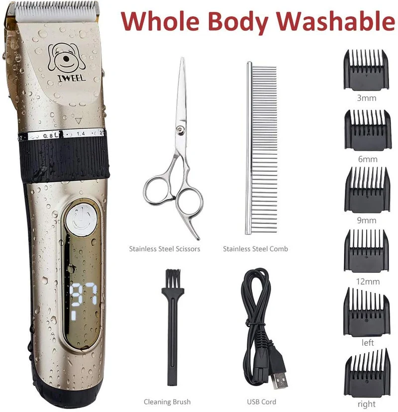 IWEEL Cortapelos para perros, 2 velocidades, profesional, recargable, inalámbrico, afeitadora para gatos y bajo nivel de ruido, a prueba de agua, cortador eléctrico para perros, kit de aseo para mascotas, cortador de pelo de animales, herramienta con tije