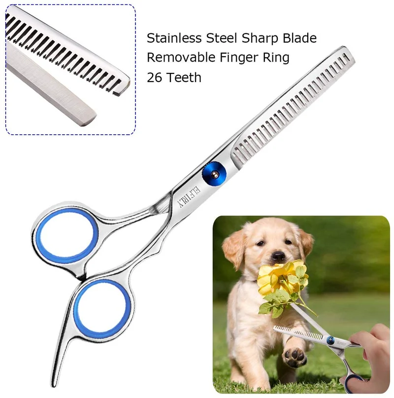 Elfirly - Tijeras de aseo para perro con punta redonda de seguridad (2 unidades, tijeras curvas, tijeras de espesor para aseo)