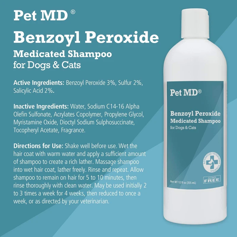 Champú medicado con peróxido de benzoilo para perros y gatos de Pet MD, eficaz para seborrea, caspa, sarna, alivio de picaduras de insectos, acné y foliculitis, aroma cítrico, de 12 onzas.